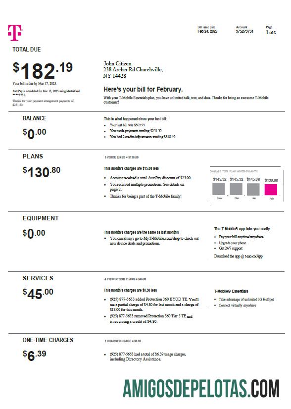 realista Modelo de fatura de serviços públicos móveis da USA T em formatos Word e PDF, versão 4